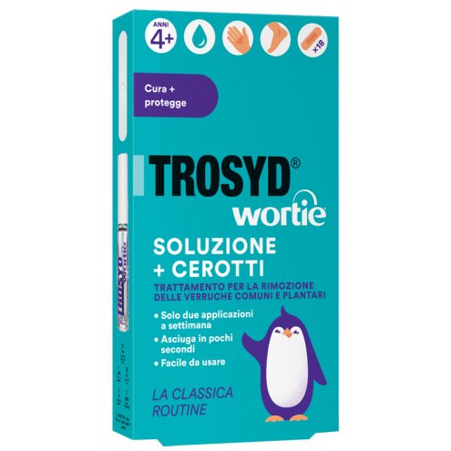 Trosyd Wortie soluzione  più cerotti indicato per il trattamento delle verruche comuni mani e piedi - Flaconcino da 5 ml + 18 cerotti